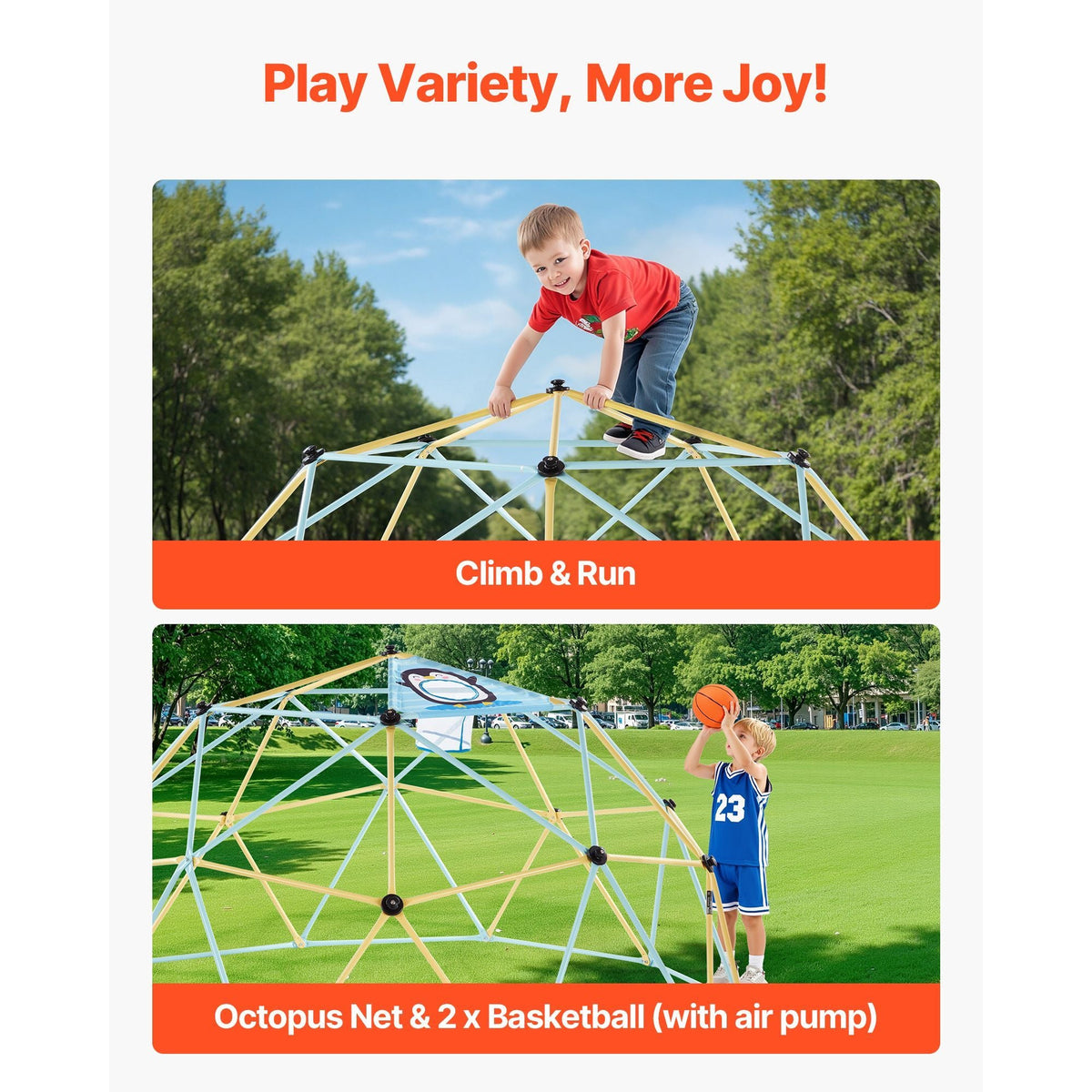 Climbing Dome, 10FT Geometric Dome Climber, 1000LBS Loading Jungle Gym Playground with 2 Basketballs & Octopus Net, Easy-Assembly Outdoor Backyard Climbing Equipment for Kids 3 to 10 Years Old