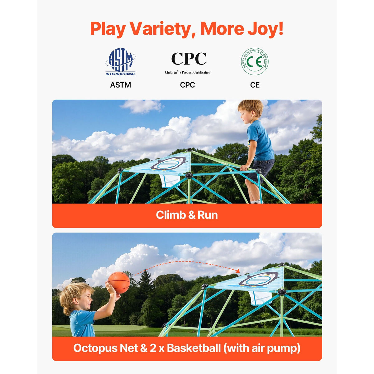Climbing Dome, 10FT Geometric Dome Climber for Kids, 1000LBS Loading Jungle Gym Playground with Octopus Net & 2 Basketballs, Easy-Assembly Outdoor Backyard Climbing Toys - Gift for Boys Girls