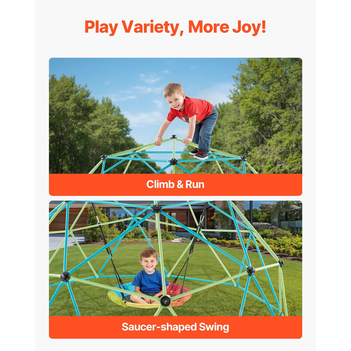 Climbing Dome, 10FT Geometric Dome Climber with Saucer Swing, 1000LBS Loading Kid's Jungle Gym Playground, Easy-Assembly Outdoor Backyard Climbing Equipment for Boys Girls 3 to 10 Years Old