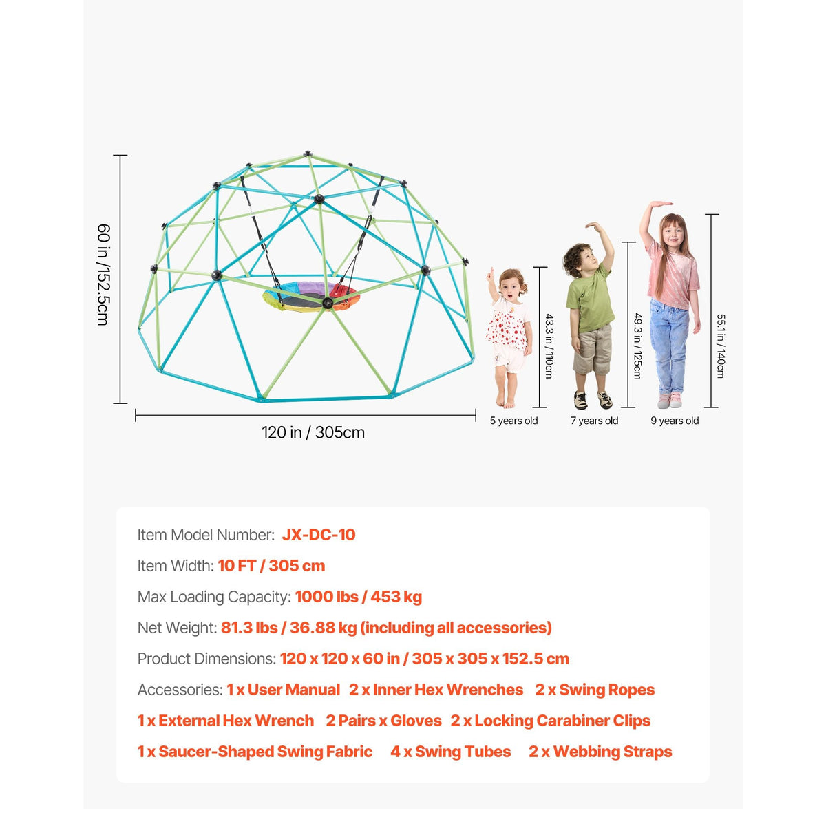 Climbing Dome, 10FT Geometric Dome Climber with Saucer Swing, 1000LBS Loading Kid's Jungle Gym Playground, Easy-Assembly Outdoor Backyard Climbing Equipment for Boys Girls 3 to 10 Years Old
