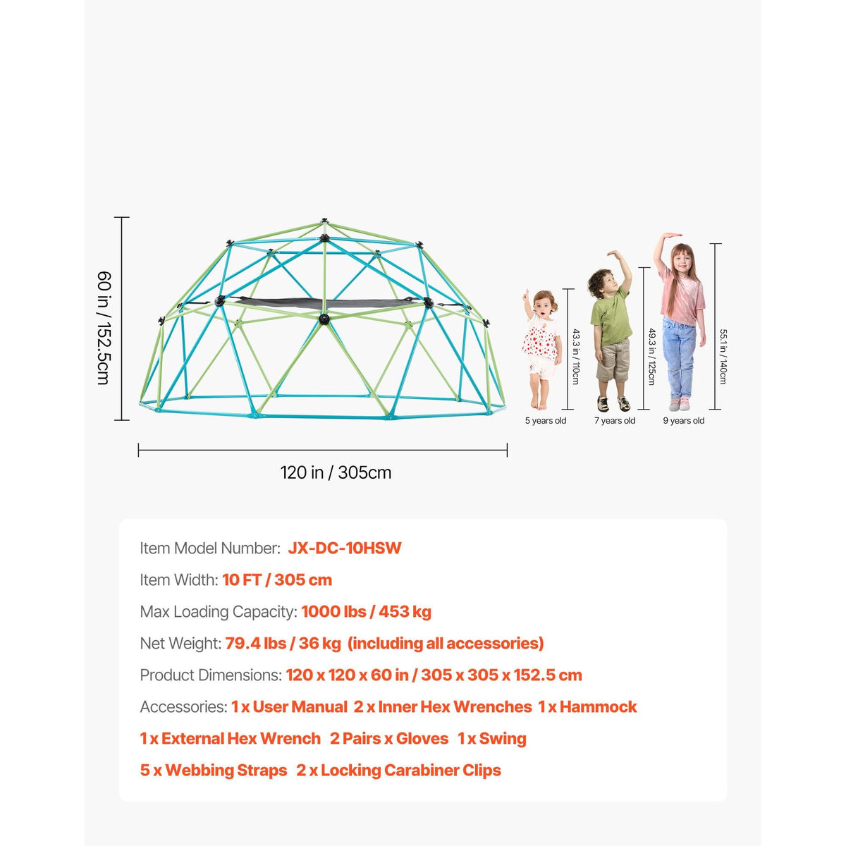 Climbing Dome, 10FT Geometric Dome Climber with Swing & Hammock, 1000LBS Loading Kid's Jungle Gym Playground, Easy-Assembly Outdoor Backyard Climbing Equipment for Boys Girls 3 to 10 Years Old