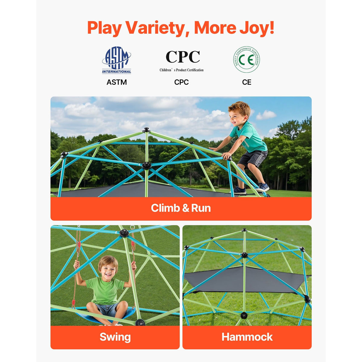 Climbing Dome, 10FT Geometric Dome Climber with Swing & Hammock, 1000LBS Loading Kid's Jungle Gym Playground, Easy-Assembly Outdoor Backyard Climbing Equipment for Boys Girls 3 to 10 Years Old