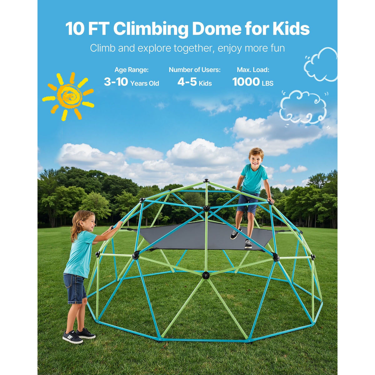 Climbing Dome, 10FT Geometric Dome Climber with Swing & Hammock, 1000LBS Loading Kid's Jungle Gym Playground, Easy-Assembly Outdoor Backyard Climbing Equipment for Boys Girls 3 to 10 Years Old