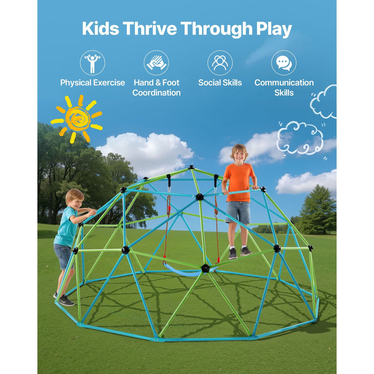 Climbing Dome, 10FT Geometric Dome Climber with Swing & Hammock, 1000LBS Loading Kid's Jungle Gym Playground, Easy-Assembly Outdoor Backyard Climbing Equipment for Boys Girls 3 to 10 Years Old