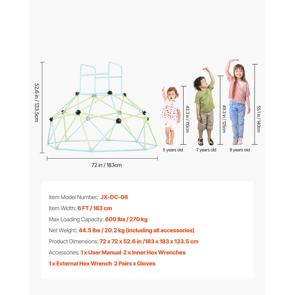 Climbing Dome, 6FT Geometric Dome Climber for Kids, 600LBS Loading Indoor/Outdoor Jungle Gym Playground, Easy-Assembly Backyard Climbing Play Equipment for Boys Girls 3 to 10 Years Old