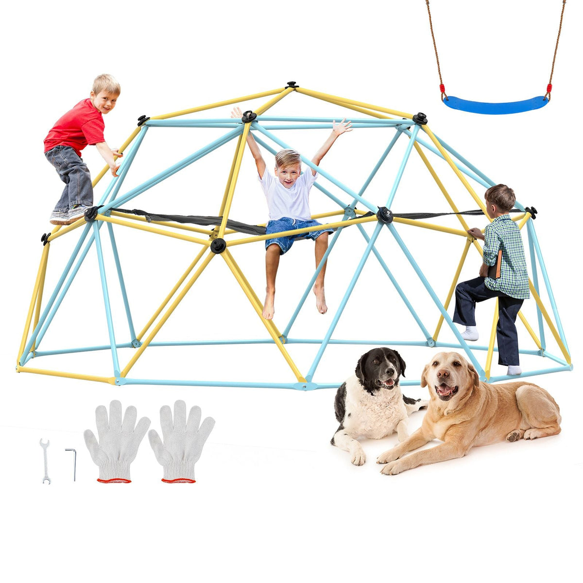 Climbing Dome, for Kids 3 to 10 Years Old,10FT Geometric Dome Climber with Hammock and Swing, Jungle Gym Supports 750LBS and Easy Assembly, with Climbing Grip, Outdoor Backyard Play Equipment