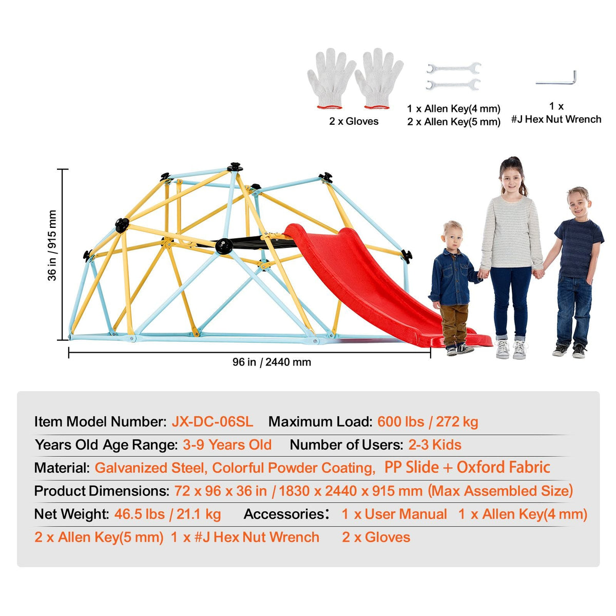 Climbing Dome, for Kids 3 to 9 Years Old, 8FT Geometric Dome Climber with Slide,Jungle Gym Supports 600LBS and Easy Assembly, with Climbing Grip, Outdoor and Indoor Play Equipment for Kids