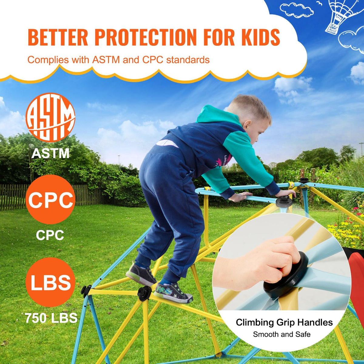 Climbing Dome, for Kids 3 to 9 Years Old, 8FT Geometric Dome Climber with Slide,Jungle Gym Supports 600LBS and Easy Assembly, with Climbing Grip, Outdoor and Indoor Play Equipment for Kids