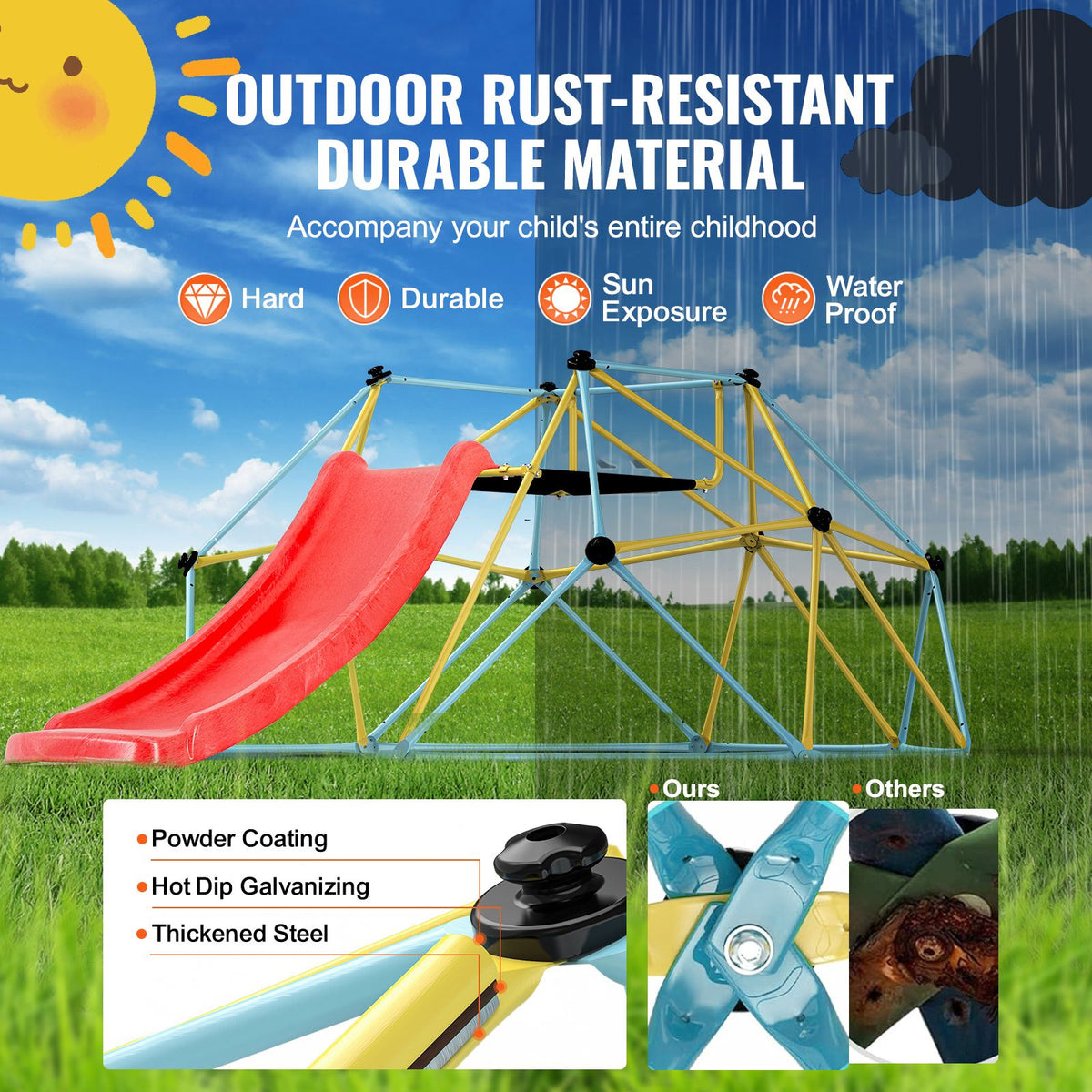 Climbing Dome, for Kids 3 to 9 Years Old, 8FT Geometric Dome Climber with Slide,Jungle Gym Supports 600LBS and Easy Assembly, with Climbing Grip, Outdoor and Indoor Play Equipment for Kids