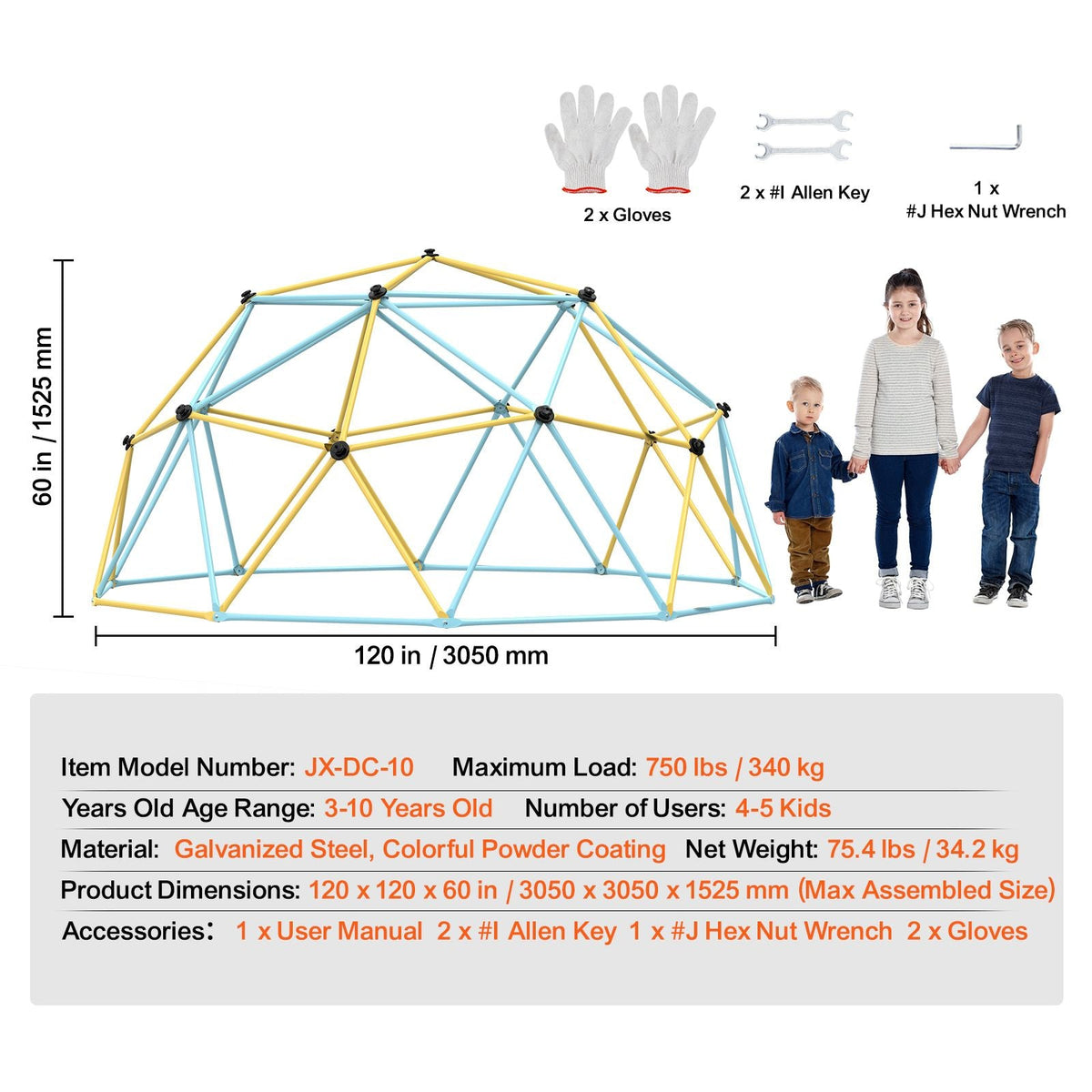 Climbing Dome, Jungle Gym Supports 750LBS and Easy Assembly, 10FT Geometric Dome Climber Play Center for Kids 3 to 10 Years Old,with Climbing Grip, Outdoor Backyard Play Equipment for Kids