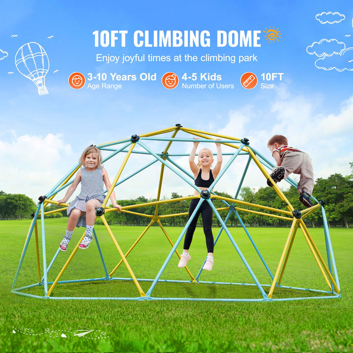 Climbing Dome, Jungle Gym Supports 750LBS and Easy Assembly, 10FT Geometric Dome Climber Play Center for Kids 3 to 10 Years Old,with Climbing Grip, Outdoor Backyard Play Equipment for Kids