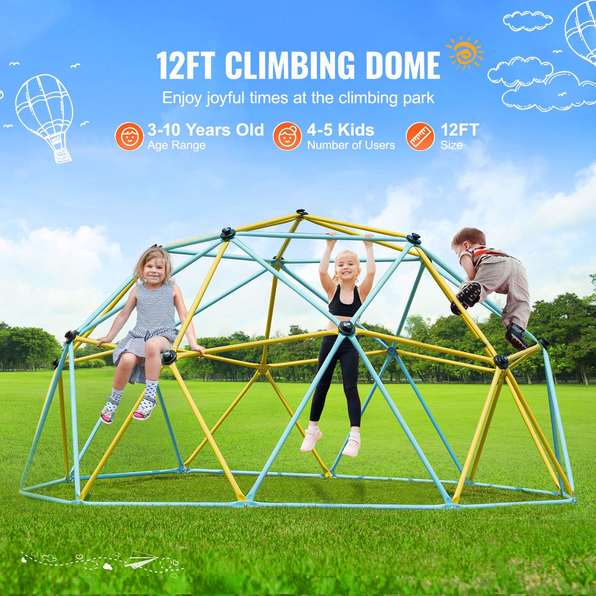 Climbing Dome,Jungle Gym Supports 750LBS and Easy Assembly, 12FT Geometric Dome Climber Play Center for Kids 3 to 10 Years Old, with Climbing Grip, Outdoor Backyard Play Equipment for Kids