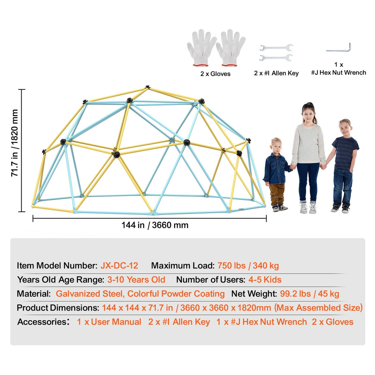 Climbing Dome,Jungle Gym Supports 750LBS and Easy Assembly, 12FT Geometric Dome Climber Play Center for Kids 3 to 10 Years Old, with Climbing Grip, Outdoor Backyard Play Equipment for Kids