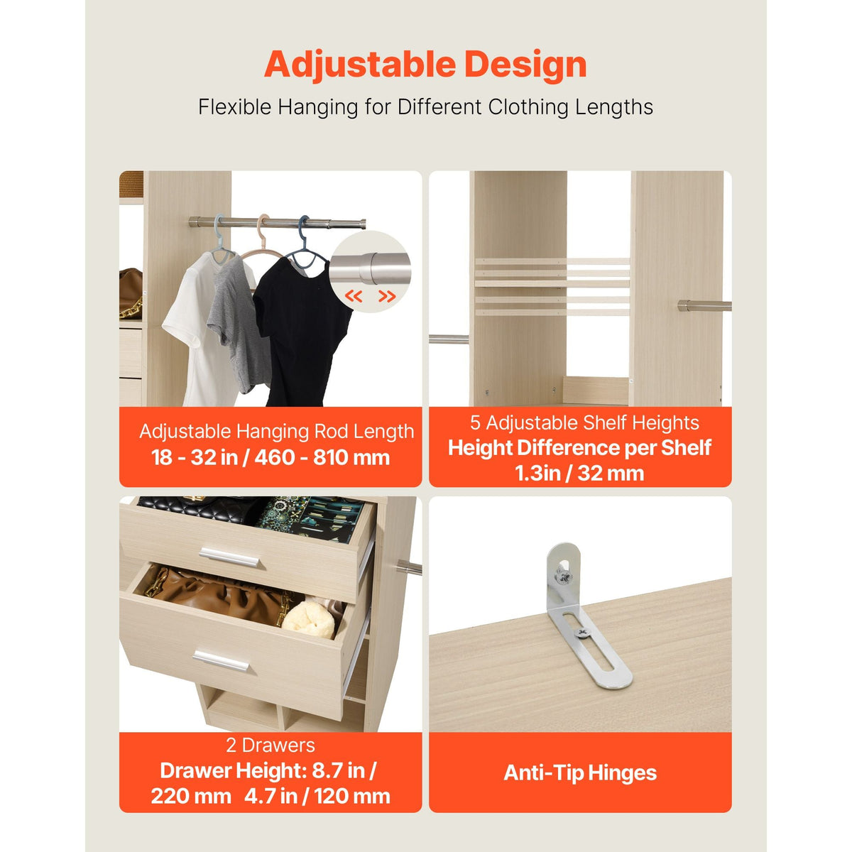 Closet System with 2 Drawers, Adjustable Height Wooden Closet Organizers, Modern Walk-in Wardrobe Organization with 5 Retractable Clothes Hanger Rods, Freestanding Garment Rack Storage, Grey
