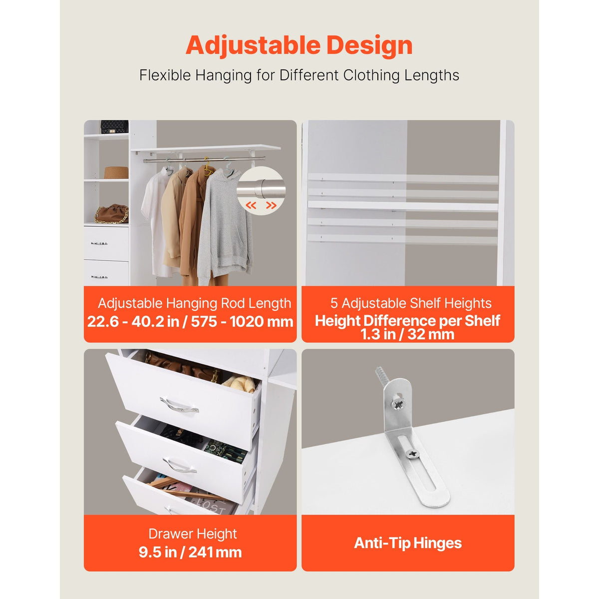 Closet System with 3 Drawers, Adjustable Height Wooden Closet Organizers, Modern Walk-in Wardrobe Organization with 3 Retractable Clothes Hanger Rods, Freestanding Garment Rack Storage, White