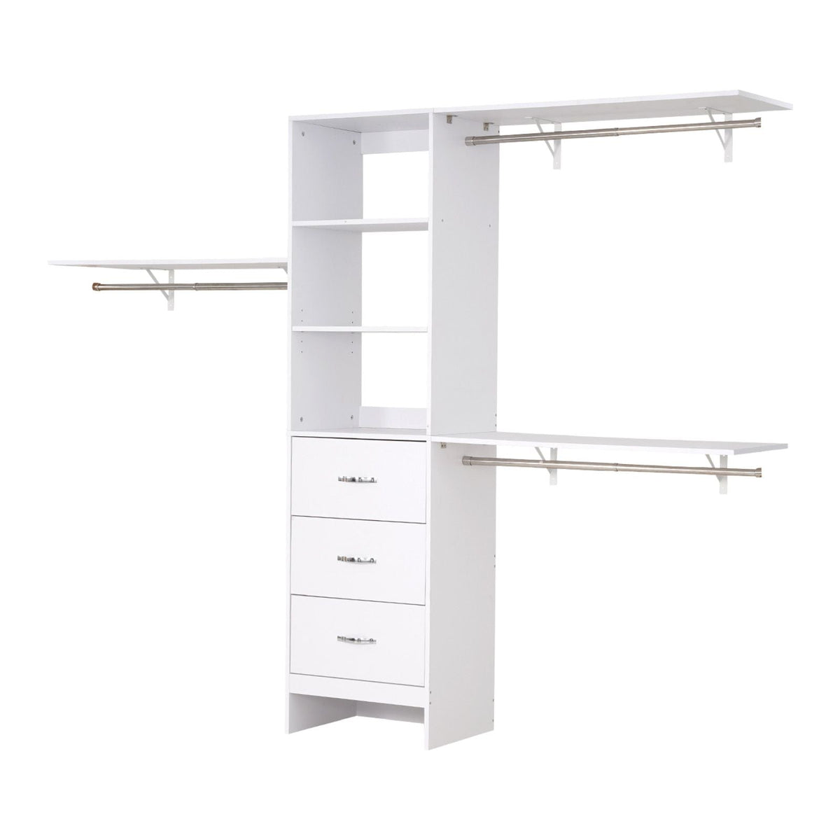 Closet System with 3 Drawers, Adjustable Height Wooden Closet Organizers, Modern Walk-in Wardrobe Organization with 3 Retractable Clothes Hanger Rods, Freestanding Garment Rack Storage, White