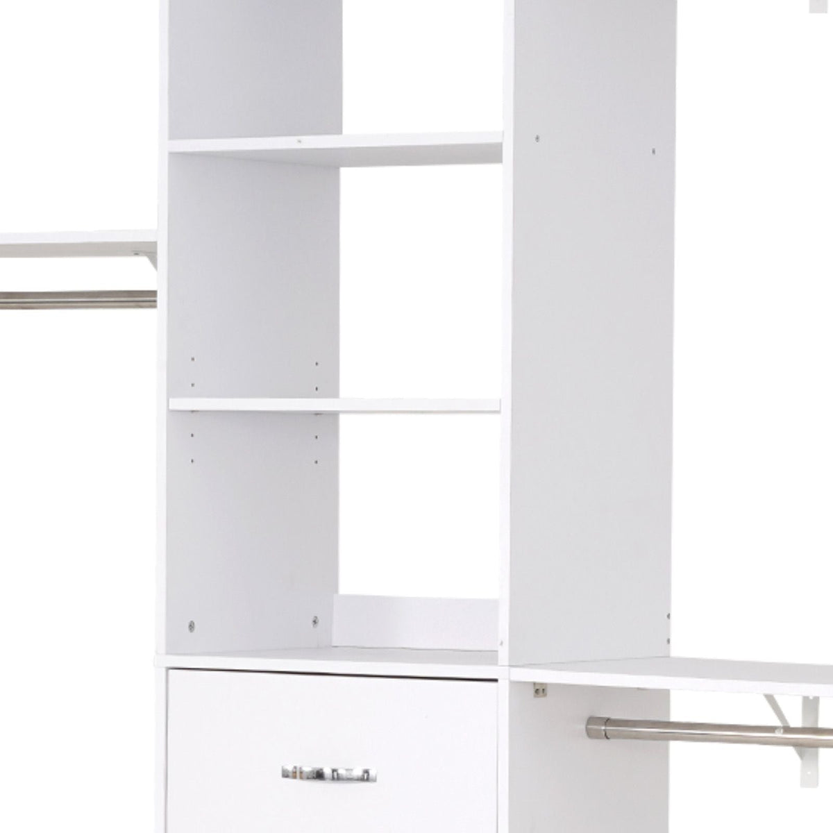 Closet System with 3 Drawers, Adjustable Height Wooden Closet Organizers, Modern Walk-in Wardrobe Organization with 3 Retractable Clothes Hanger Rods, Freestanding Garment Rack Storage, White
