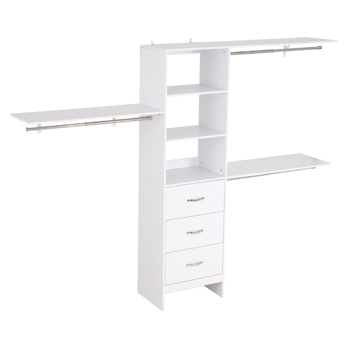 Closet System with 3 Drawers, Adjustable Height Wooden Closet Organizers, Modern Walk-in Wardrobe Organization with 3 Retractable Clothes Hanger Rods, Freestanding Garment Rack Storage, White