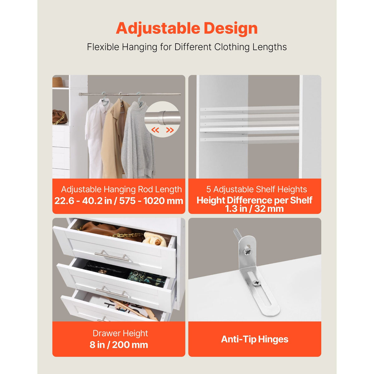 Closet System with 3 Drawers, Adjustable Height Wooden Closet Organizers, Modern Walk-in Wardrobe Organization with 4 Retractable Clothes Hanger Rods, Freestanding Garment Rack Storage, White