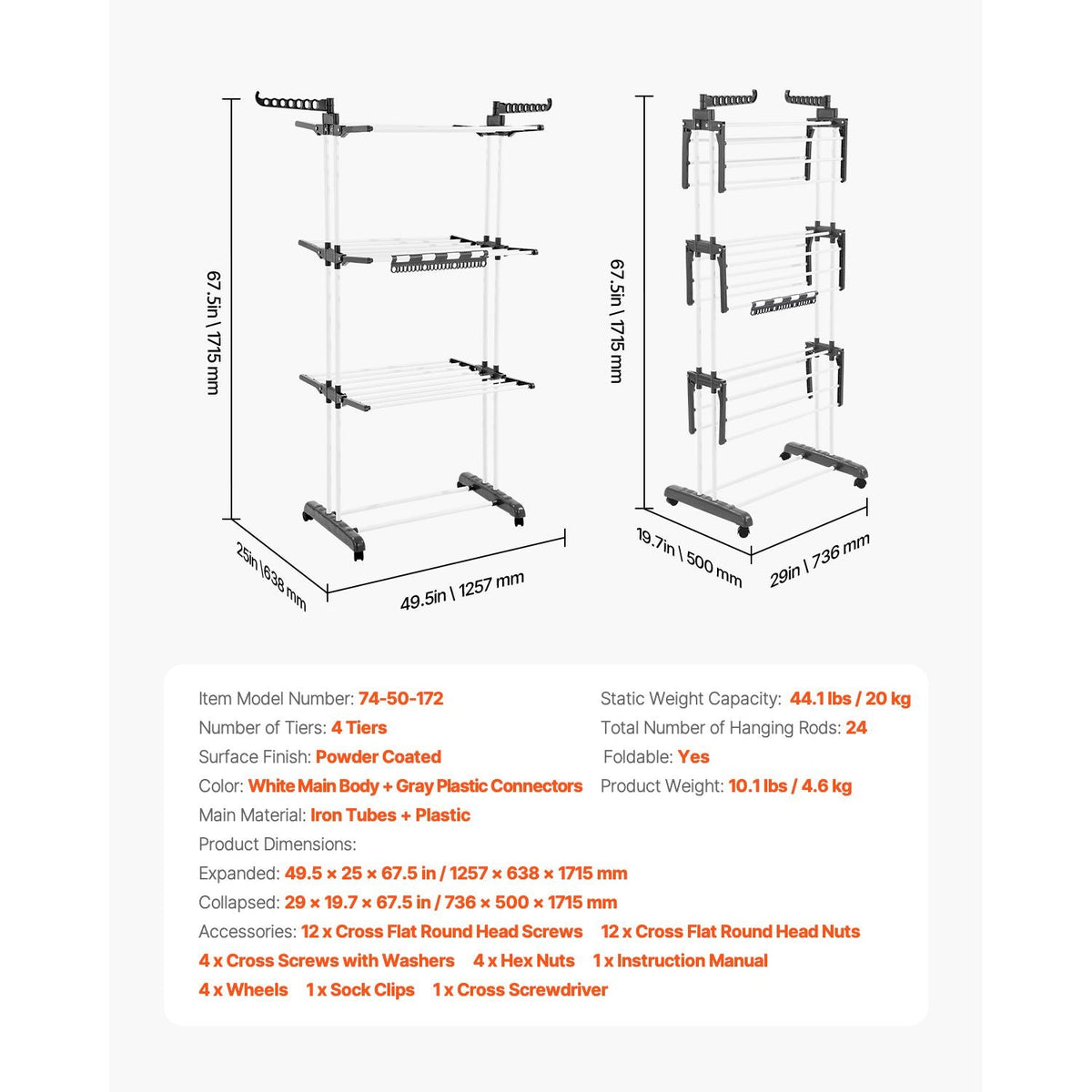 Clothes Drying Rack, 4-Tier Foldable Laundry Dryer Rack, Metal Drying Racks with 24 Drying Rods, Free-Standing and Portable Hanger with 4 Castors and Two Side Wings for Outdoor & Indoor Use