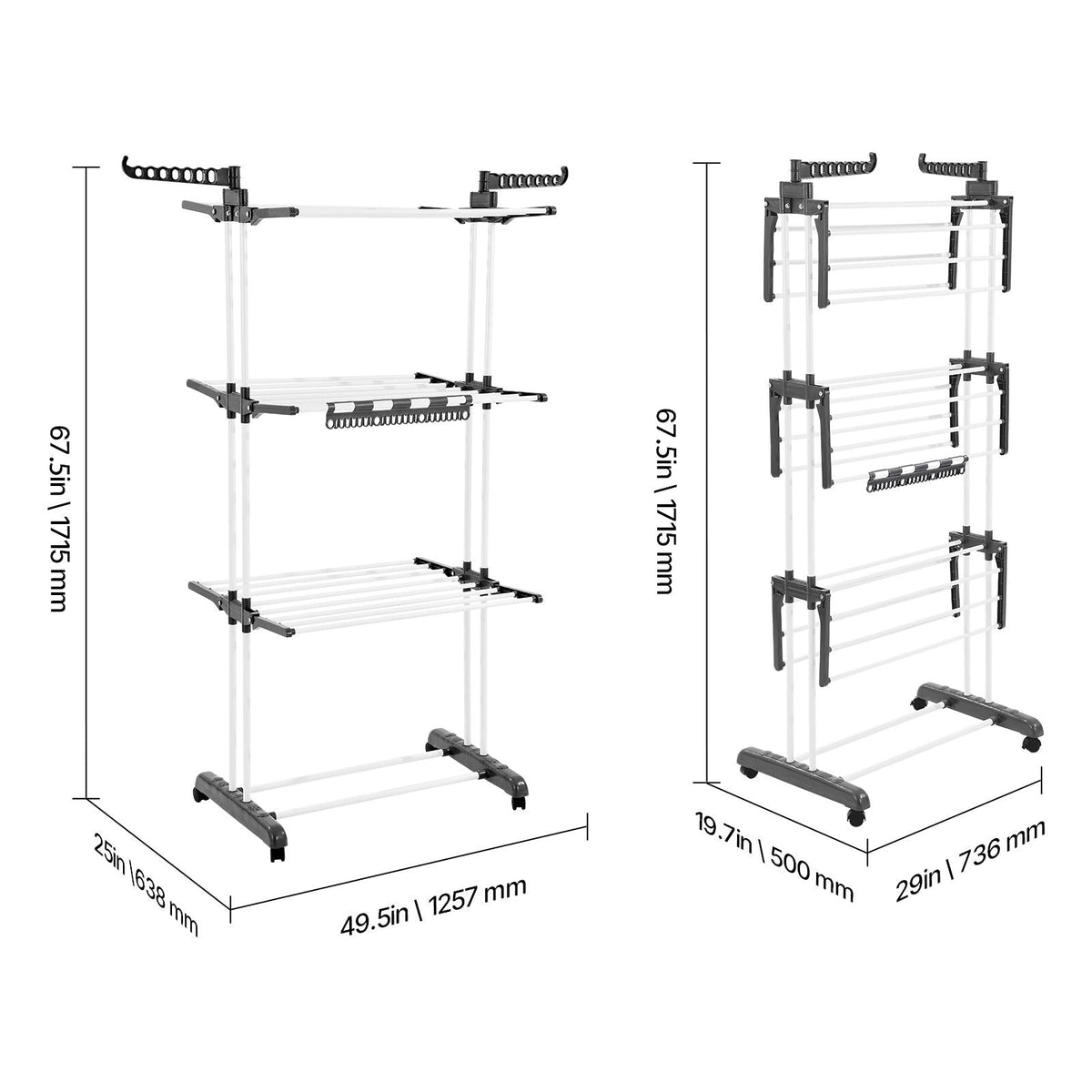 Clothes Drying Rack, 4-Tier Foldable Laundry Dryer Rack, Metal Drying Racks with 24 Drying Rods, Free-Standing and Portable Hanger with 4 Castors and Two Side Wings for Outdoor & Indoor Use