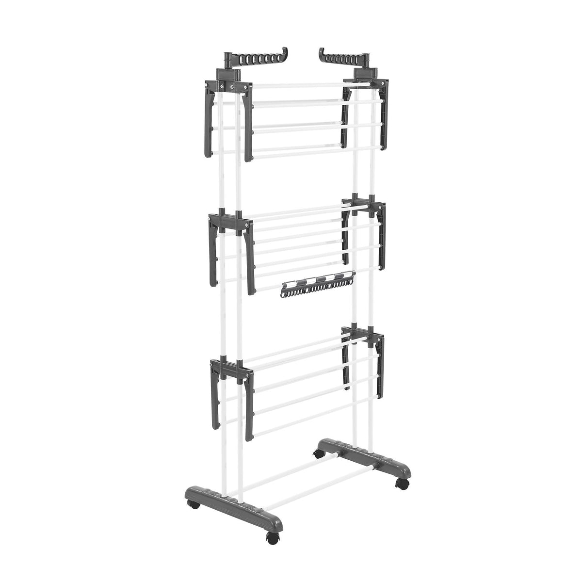 Clothes Drying Rack, 4-Tier Foldable Laundry Dryer Rack, Metal Drying Racks with 24 Drying Rods, Free-Standing and Portable Hanger with 4 Castors and Two Side Wings for Outdoor & Indoor Use