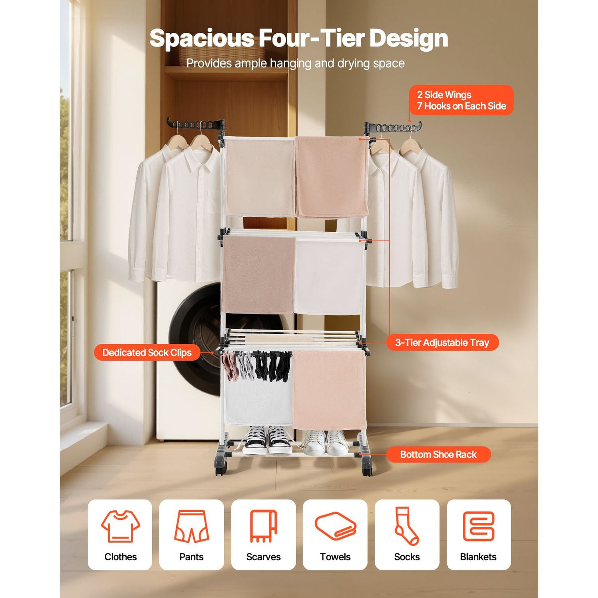 Clothes Drying Rack, 4-Tier Foldable Laundry Dryer Rack, Metal Drying Racks with 24 Drying Rods, Free-Standing and Portable Hanger with 4 Castors and Two Side Wings for Outdoor & Indoor Use