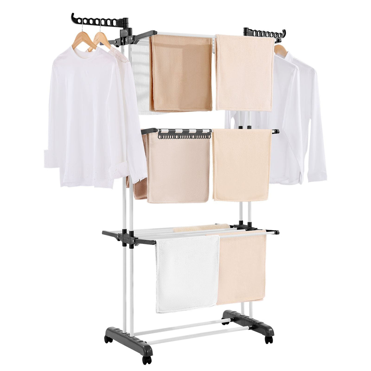 Clothes Drying Rack, 4-Tier Foldable Laundry Dryer Rack, Metal Drying Racks with 24 Drying Rods, Free-Standing and Portable Hanger with 4 Castors and Two Side Wings for Outdoor & Indoor Use