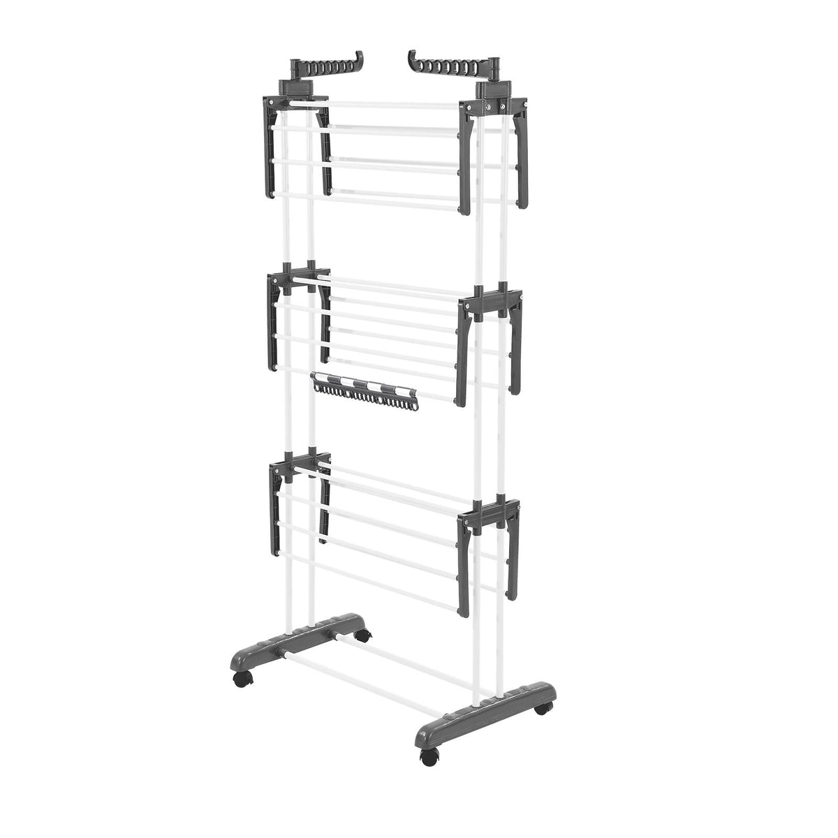 Clothes Drying Rack, 4-Tier Foldable Laundry Dryer Rack, Metal Drying Racks with 24 Drying Rods, Free-Standing and Portable Hanger with 4 Castors and Two Side Wings for Outdoor & Indoor Use