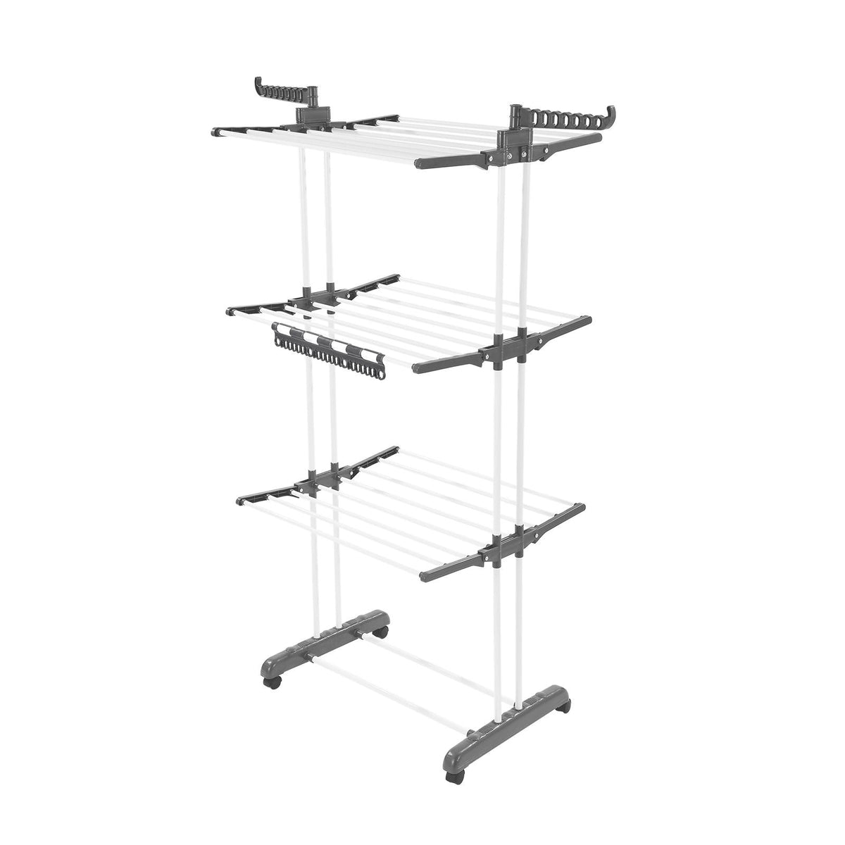Clothes Drying Rack, 4-Tier Foldable Laundry Dryer Rack, Metal Drying Racks with 24 Drying Rods, Free-Standing and Portable Hanger with 4 Castors and Two Side Wings for Outdoor & Indoor Use