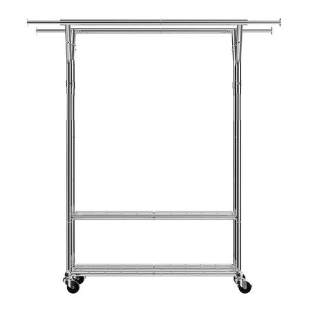 Clothes Rack, Rolling Clothing Garment Rack with 2 Hanging Rods and 2 Storage Shelves, 264 lbs Load Capacity, Adjustable Height Carbon Steel Clothing Racks for Bedroom, Laundry, Living Room