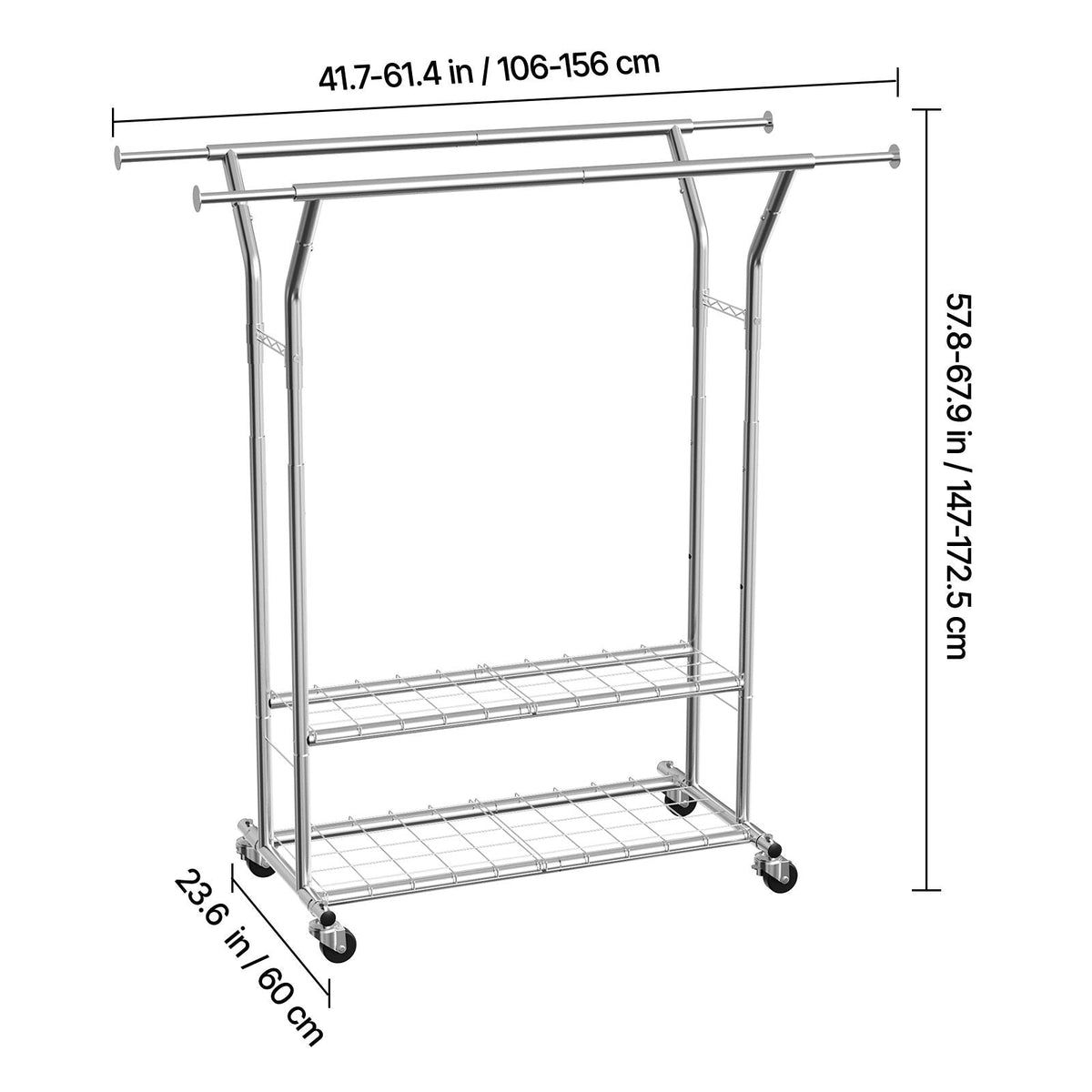 Clothes Rack, Rolling Clothing Garment Rack with 2 Hanging Rods and 2 Storage Shelves, 264 lbs Load Capacity, Adjustable Height Carbon Steel Clothing Racks for Bedroom, Laundry, Living Room