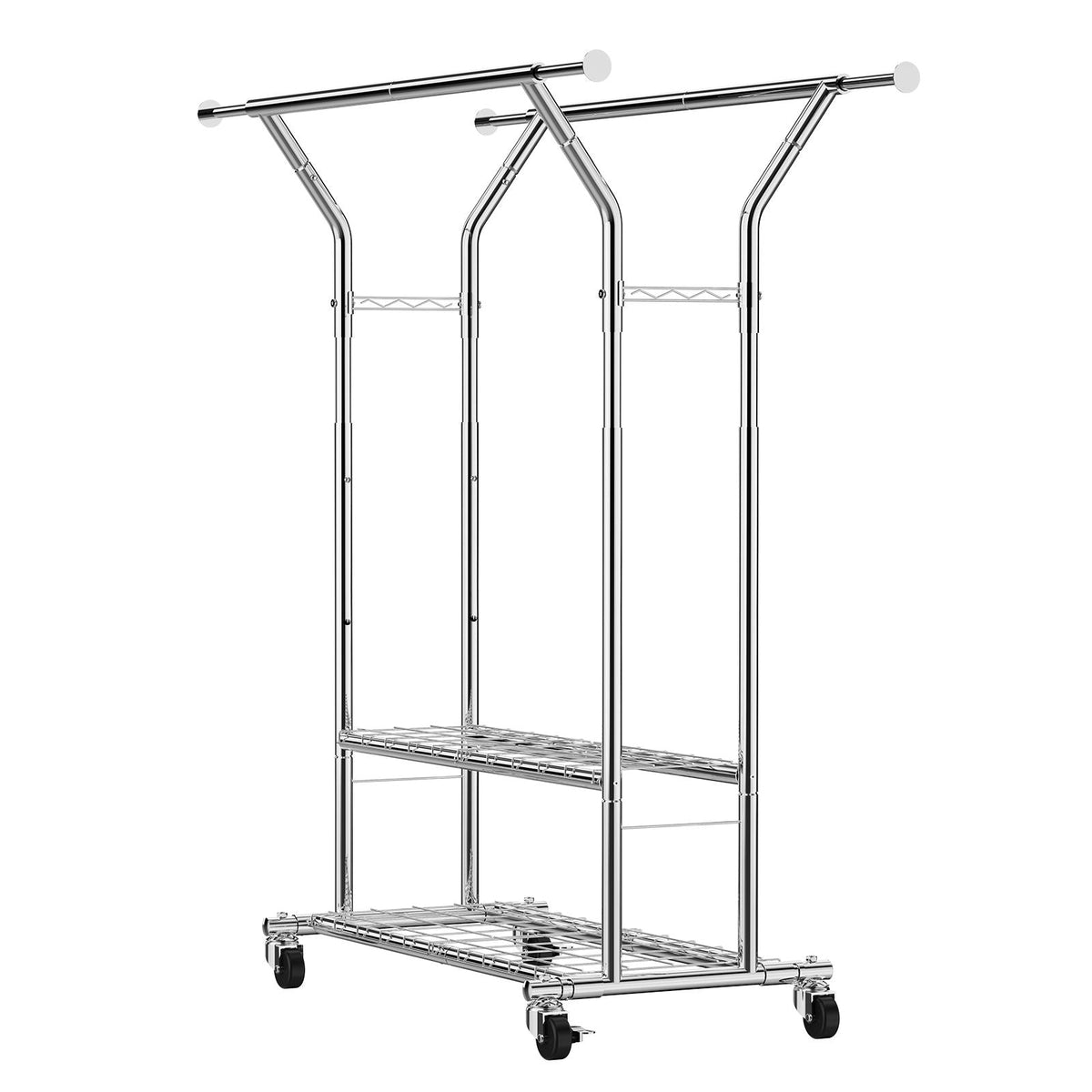Clothes Rack, Rolling Clothing Garment Rack with 2 Hanging Rods and 2 Storage Shelves, 264 lbs Load Capacity, Adjustable Height Carbon Steel Clothing Racks for Bedroom, Laundry, Living Room