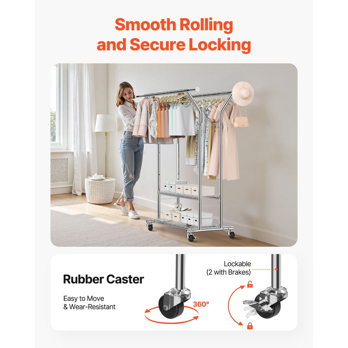 Clothes Rack, Rolling Clothing Garment Rack with 2 Hanging Rods and 2 Storage Shelves, 264 lbs Load Capacity, Adjustable Height Carbon Steel Clothing Racks for Bedroom, Laundry, Living Room