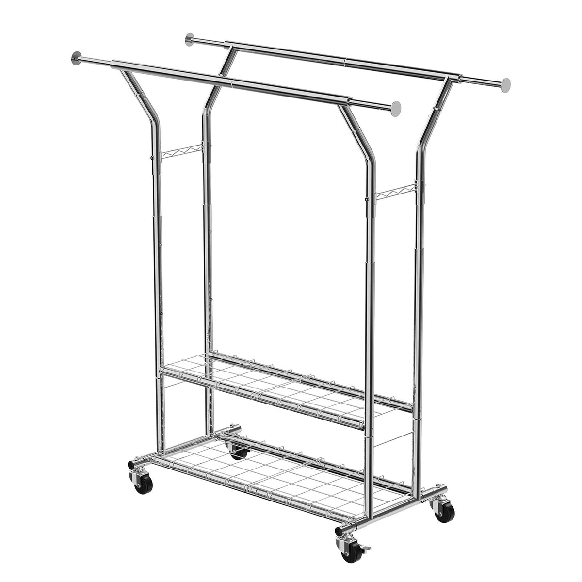 Clothes Rack, Rolling Clothing Garment Rack with 2 Hanging Rods and 2 Storage Shelves, 264 lbs Load Capacity, Adjustable Height Carbon Steel Clothing Racks for Bedroom, Laundry, Living Room