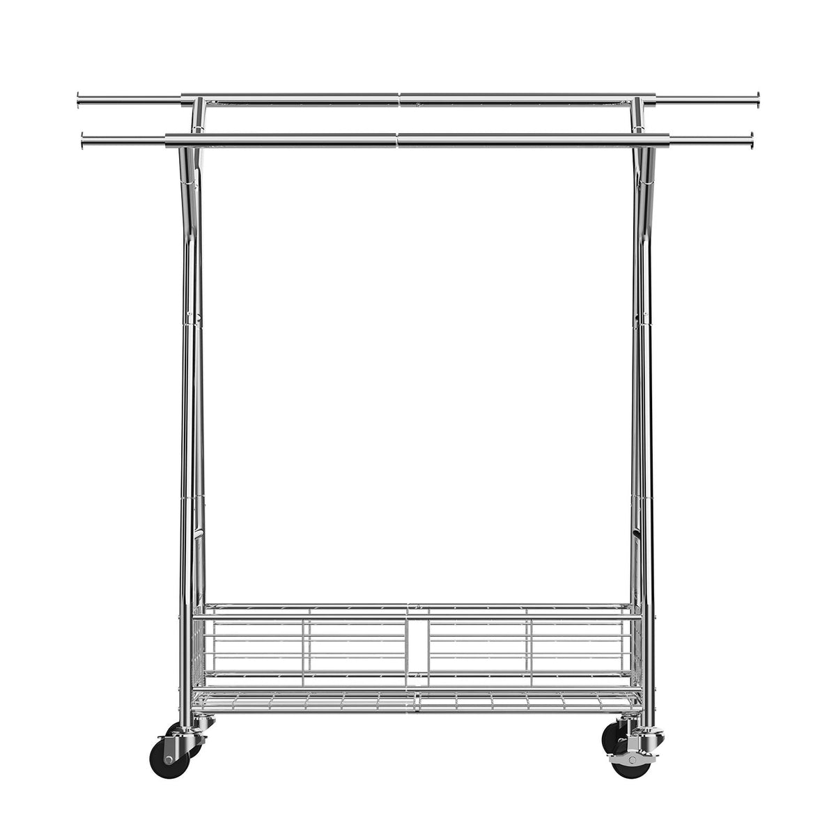 Clothes Rack, Rolling Clothing Garment Rack with 2 Hanging Rods and Storage Basket, 330 lbs Load Capacity, Extendable Carbon Steel Clothing Racks with Wheels for Bedroom, Laundry, Living Room