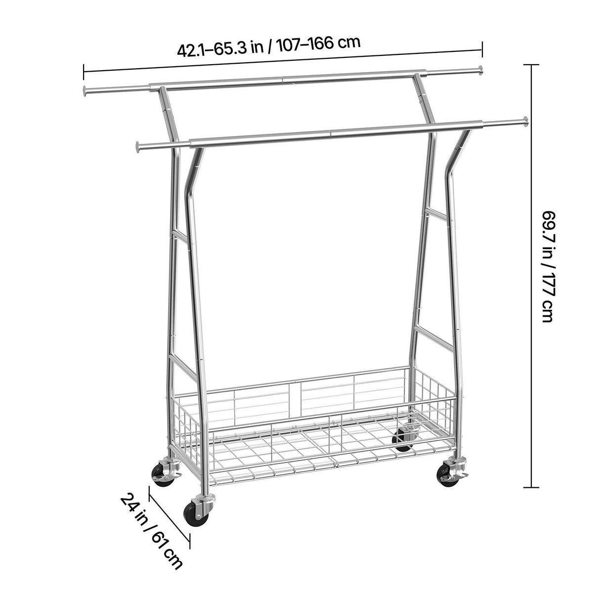 Clothes Rack, Rolling Clothing Garment Rack with 2 Hanging Rods and Storage Basket, 330 lbs Load Capacity, Extendable Carbon Steel Clothing Racks with Wheels for Bedroom, Laundry, Living Room