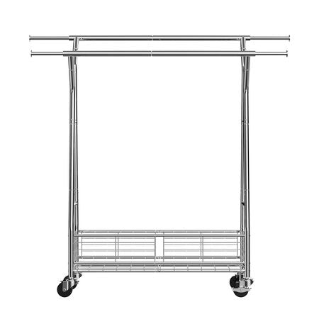 Clothes Rack, Rolling Clothing Garment Rack with 2 Hanging Rods and Storage Basket, 330 lbs Load Capacity, Extendable Carbon Steel Clothing Racks with Wheels for Bedroom, Laundry, Living Room
