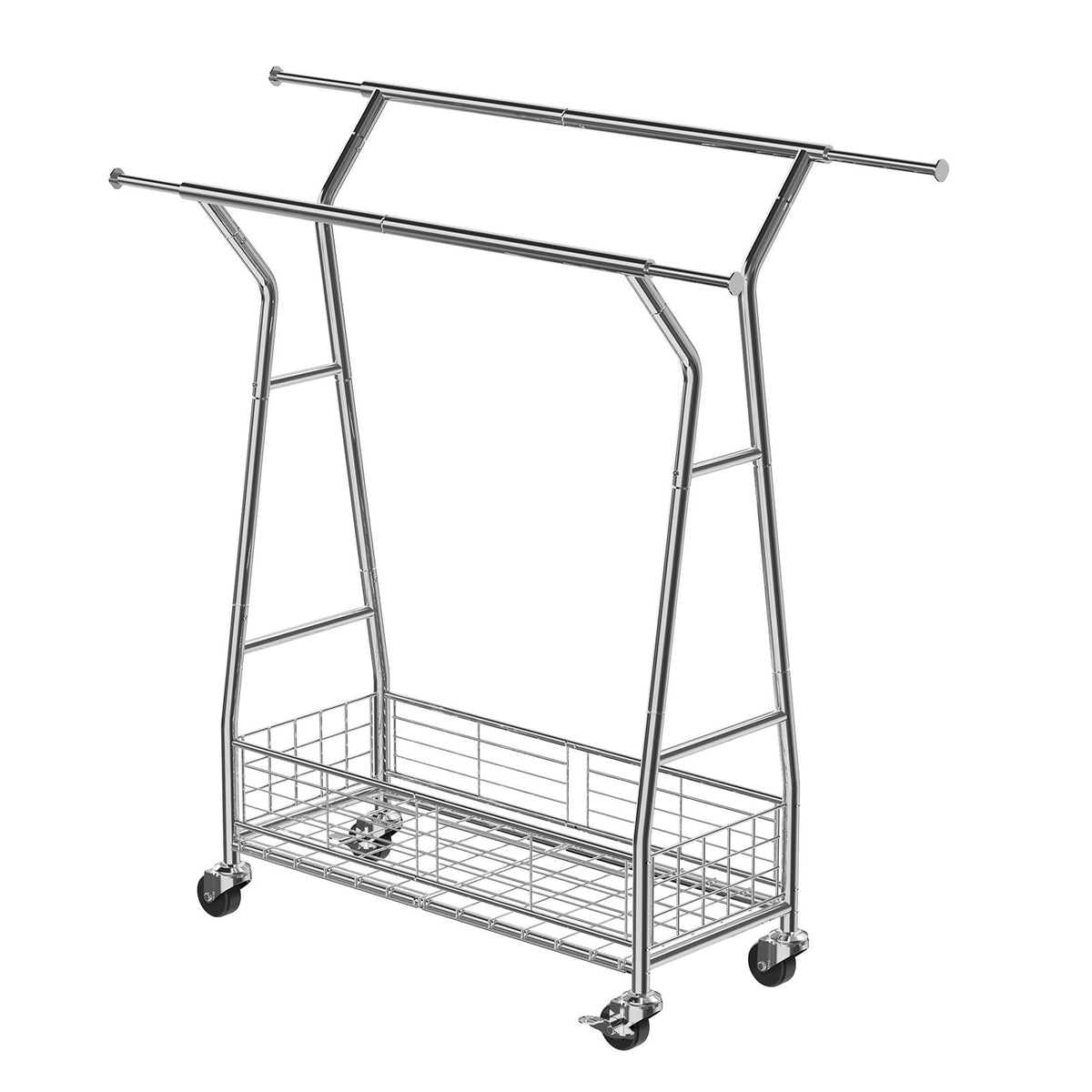 Clothes Rack, Rolling Clothing Garment Rack with 2 Hanging Rods and Storage Basket, 330 lbs Load Capacity, Extendable Carbon Steel Clothing Racks with Wheels for Bedroom, Laundry, Living Room