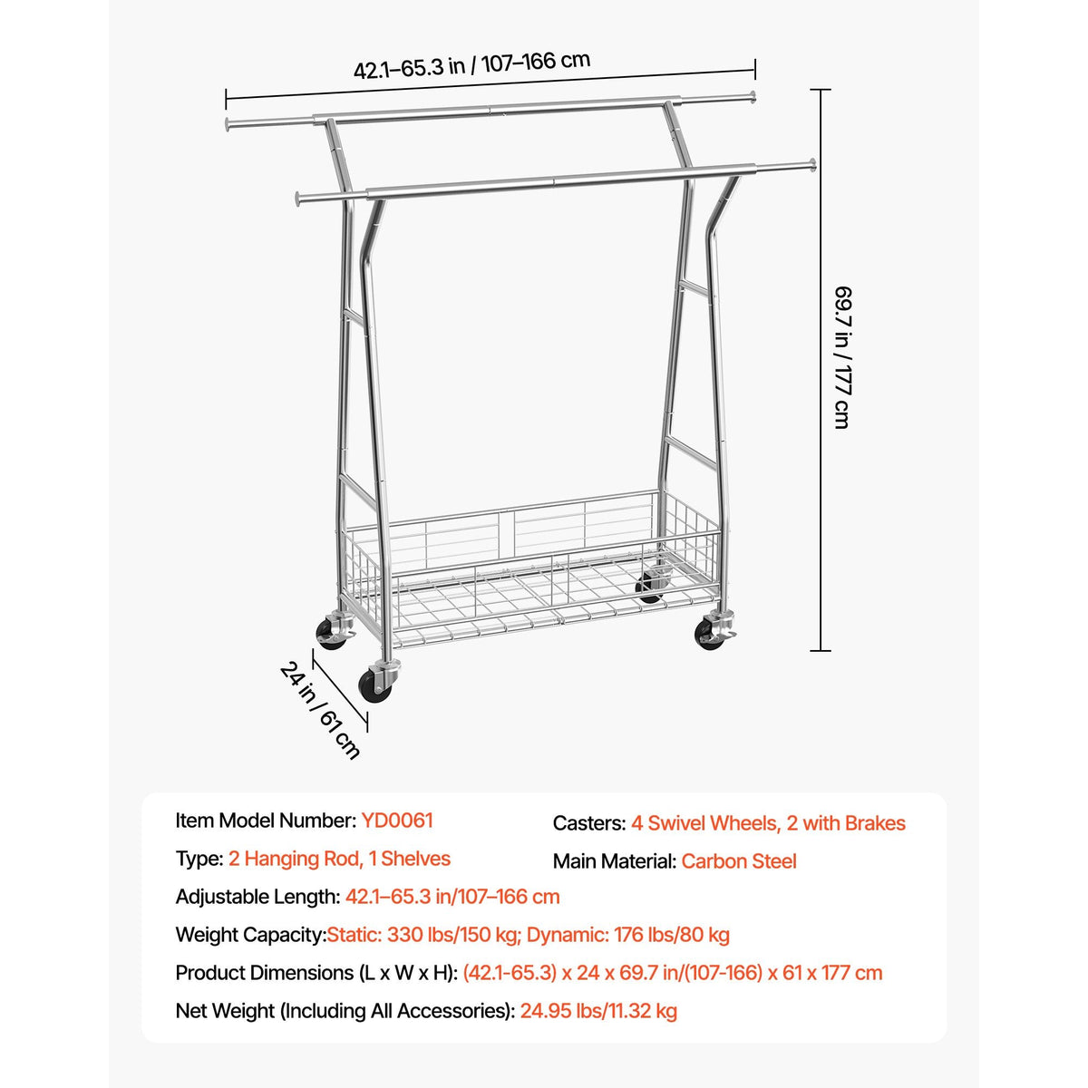 Clothes Rack, Rolling Clothing Garment Rack with 2 Hanging Rods and Storage Basket, 330 lbs Load Capacity, Extendable Carbon Steel Clothing Racks with Wheels for Bedroom, Laundry, Living Room