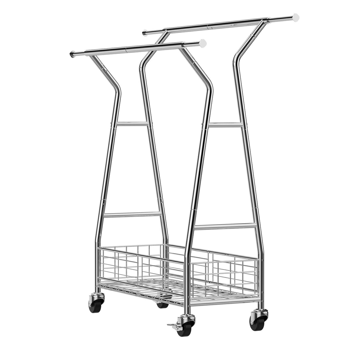 Clothes Rack, Rolling Clothing Garment Rack with 2 Hanging Rods and Storage Basket, 330 lbs Load Capacity, Extendable Carbon Steel Clothing Racks with Wheels for Bedroom, Laundry, Living Room