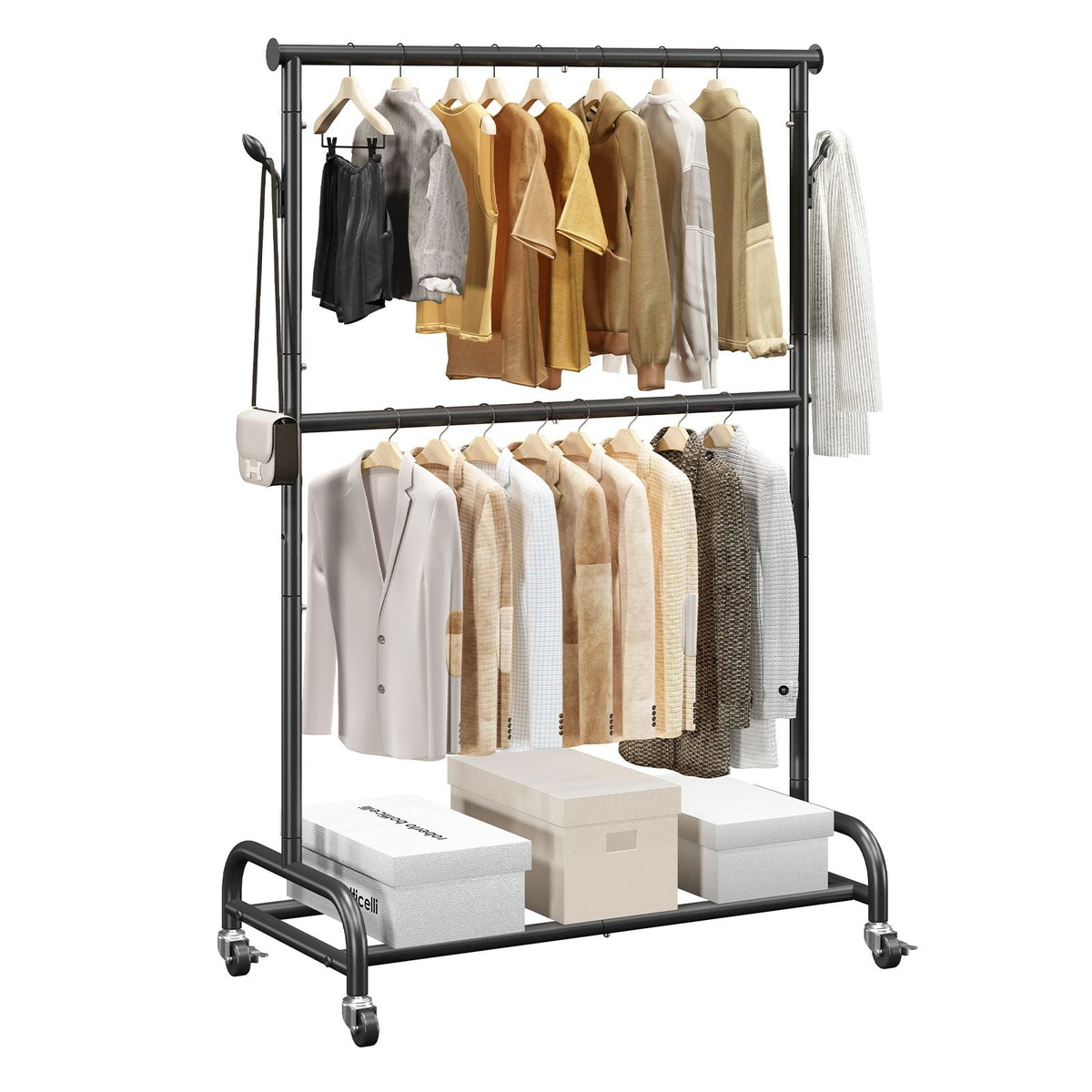 Clothes Rack, Rolling Clothing Garment Rack with Adjustable Crossbar and Side Hooks, 150 lbs Load Capacity, Heavy Duty Carbon Steel Clothing Racks with Wheels for Bedroom, Laundry, Living Room