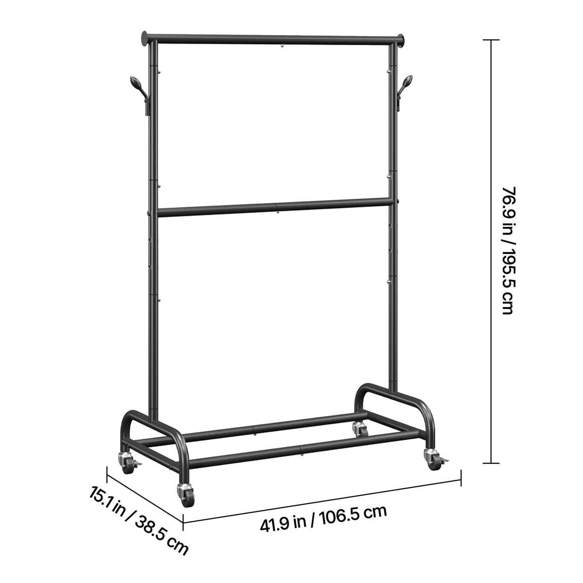 Clothes Rack, Rolling Clothing Garment Rack with Adjustable Crossbar and Side Hooks, 150 lbs Load Capacity, Heavy Duty Carbon Steel Clothing Racks with Wheels for Bedroom, Laundry, Living Room