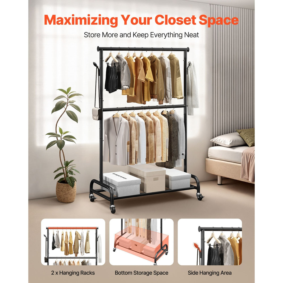 Clothes Rack, Rolling Clothing Garment Rack with Adjustable Crossbar and Side Hooks, 150 lbs Load Capacity, Heavy Duty Carbon Steel Clothing Racks with Wheels for Bedroom, Laundry, Living Room