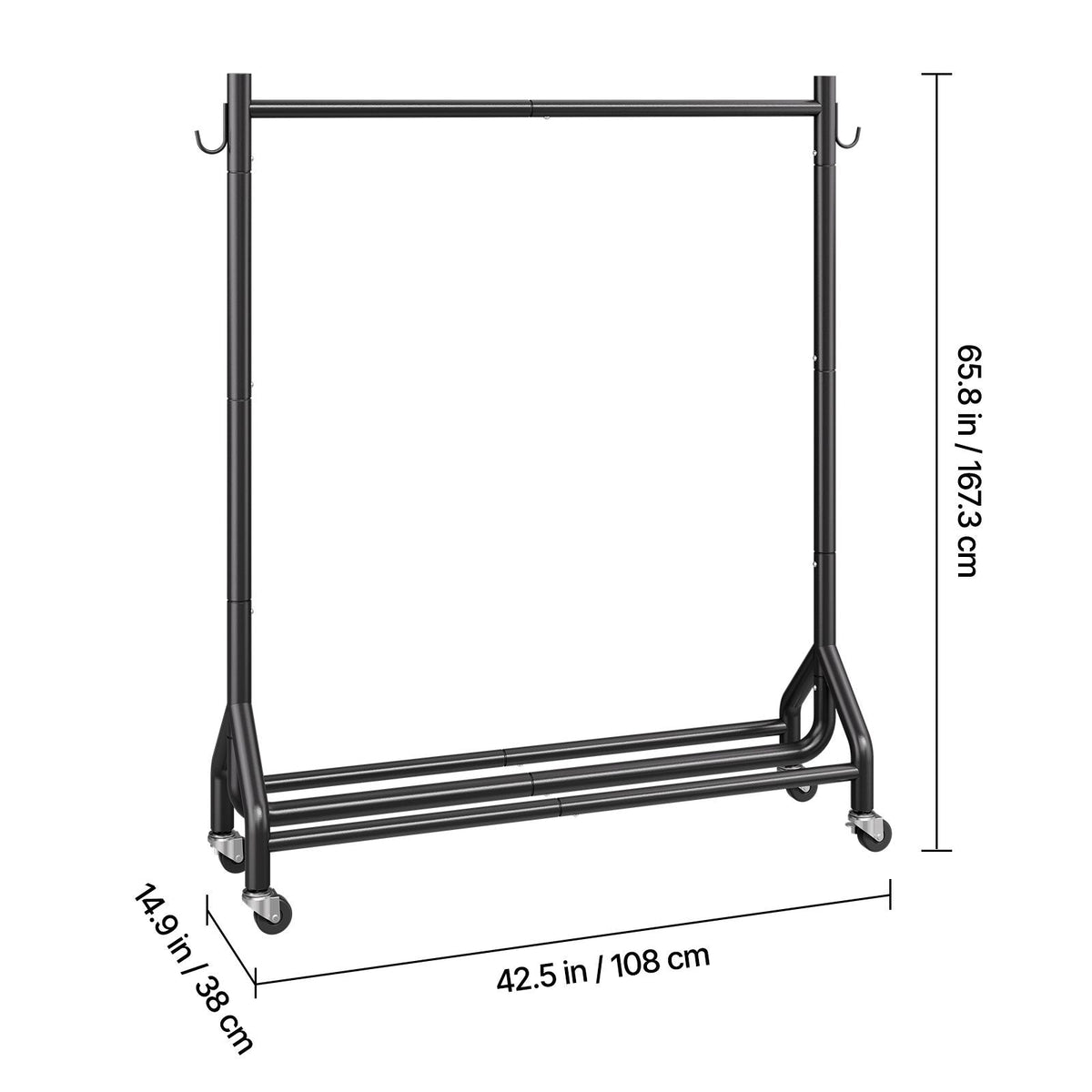 Clothes Rack, Rolling Clothing Garment Rack with Hanging Rod and Side Hooks, 198 lbs Load Capacity, Heavy Duty Carbon Steel Clothing Racks with Wheels, Ideal for Bedroom, Laundry, Living Room