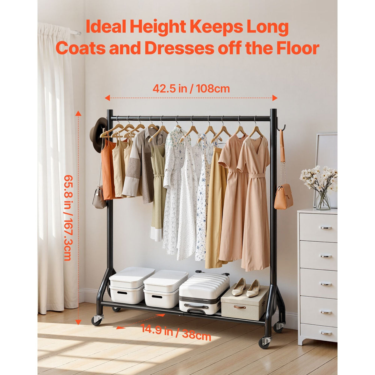 Clothes Rack, Rolling Clothing Garment Rack with Hanging Rod and Side Hooks, 198 lbs Load Capacity, Heavy Duty Carbon Steel Clothing Racks with Wheels, Ideal for Bedroom, Laundry, Living Room