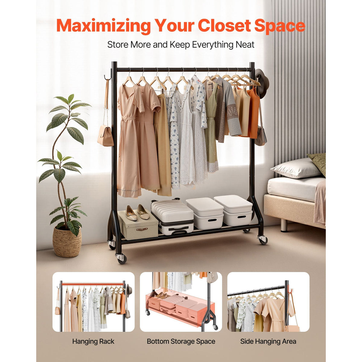 Clothes Rack, Rolling Clothing Garment Rack with Hanging Rod and Side Hooks, 198 lbs Load Capacity, Heavy Duty Carbon Steel Clothing Racks with Wheels, Ideal for Bedroom, Laundry, Living Room