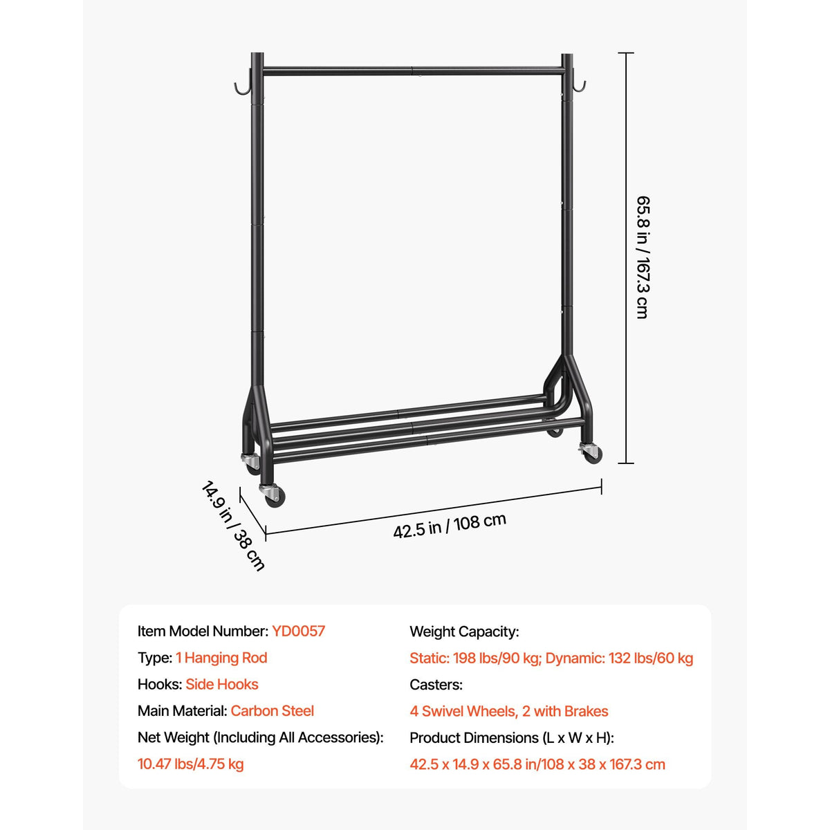 Clothes Rack, Rolling Clothing Garment Rack with Hanging Rod and Side Hooks, 198 lbs Load Capacity, Heavy Duty Carbon Steel Clothing Racks with Wheels, Ideal for Bedroom, Laundry, Living Room