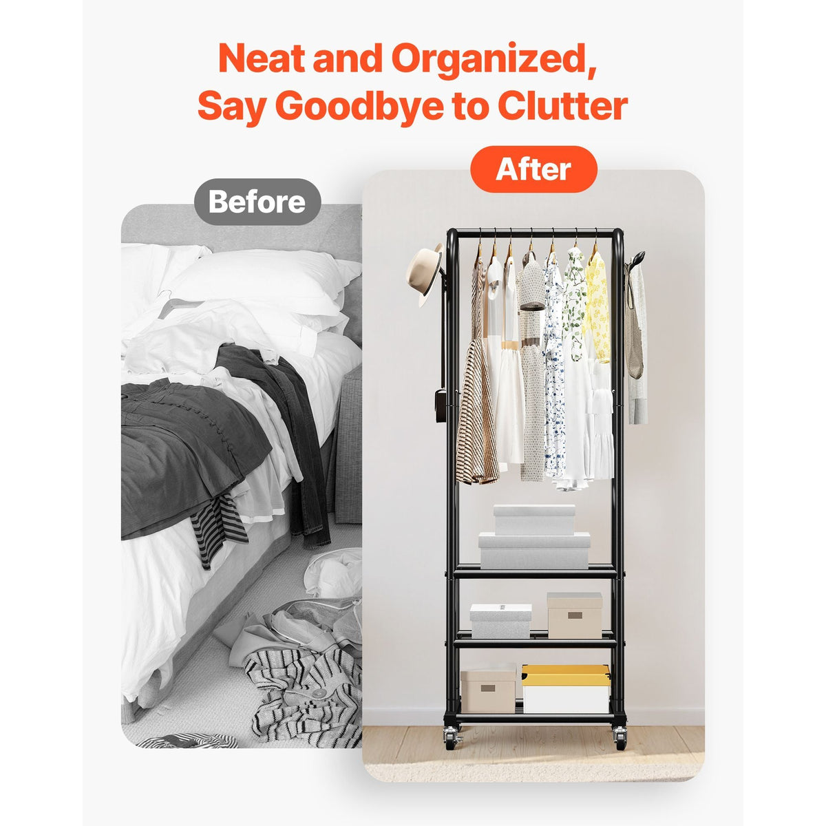 Clothes Rack, Rolling Clothing Garment Rack with Hanging Rod and Side Hooks, 3 Storage Shelves, 99 lbs Load Capacity, Heavy Duty Carbon Steel Clothing Racks for Bedroom, Laundry, Living Room