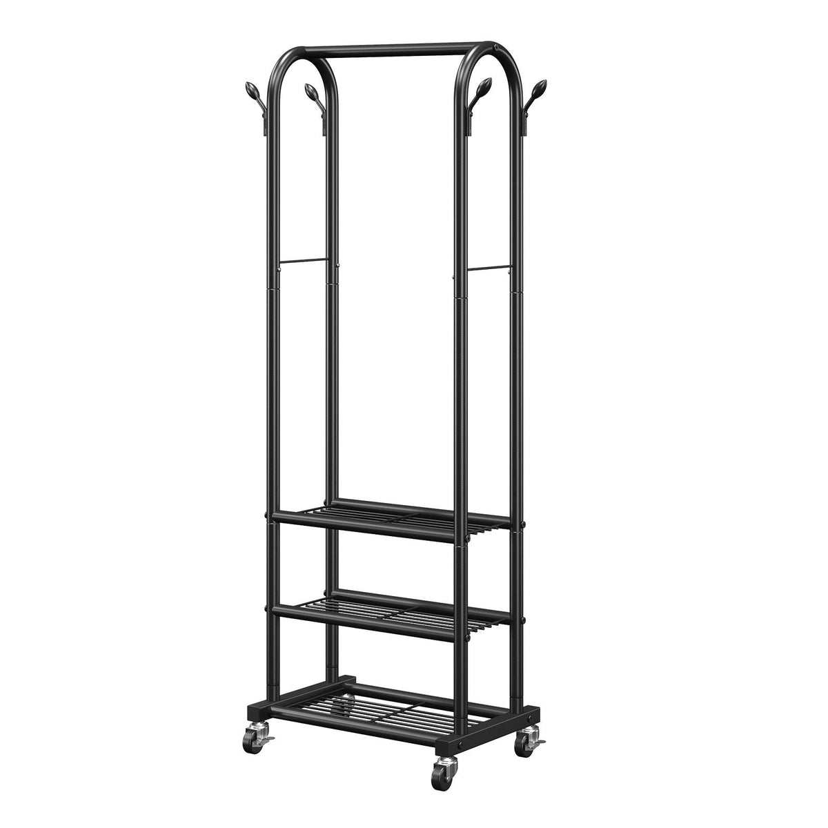 Clothes Rack, Rolling Clothing Garment Rack with Hanging Rod and Side Hooks, 3 Storage Shelves, 99 lbs Load Capacity, Heavy Duty Carbon Steel Clothing Racks for Bedroom, Laundry, Living Room
